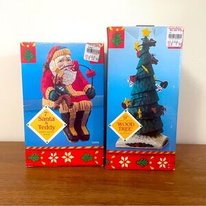 Figments of Folklore Hand Carved Wood Santa & Teddy 7”+ Christmas Tree 9”